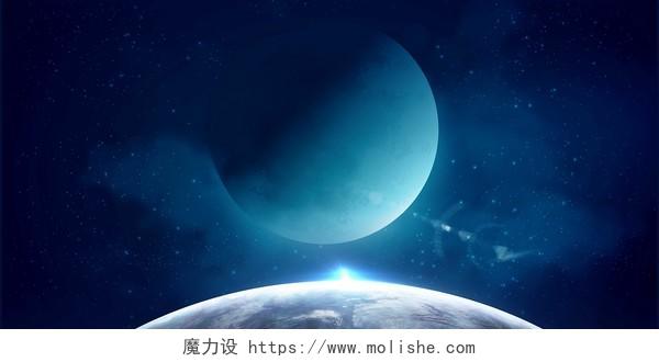 蓝色人类月球日月亮地球星空展板背景